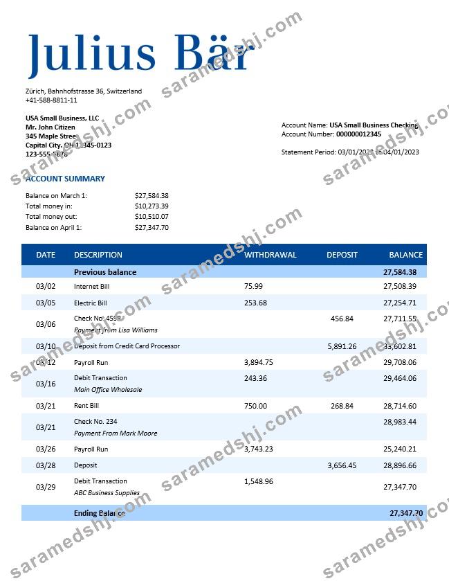 Julius Baer Bank company statement Word and PDF template